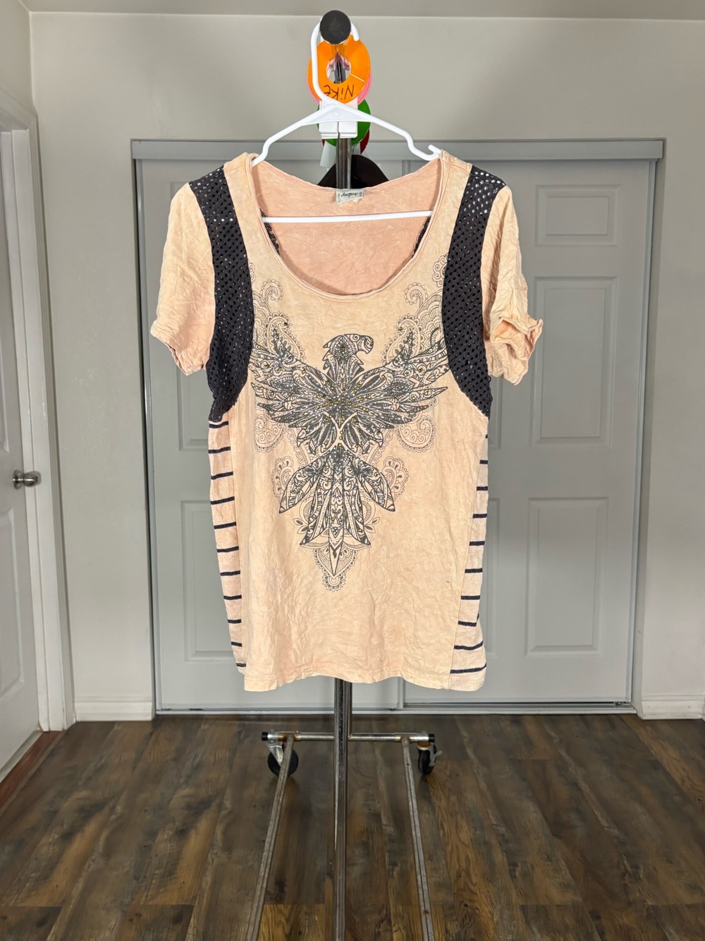 Peach Short Sleeve Graphic Tee with Black Accents